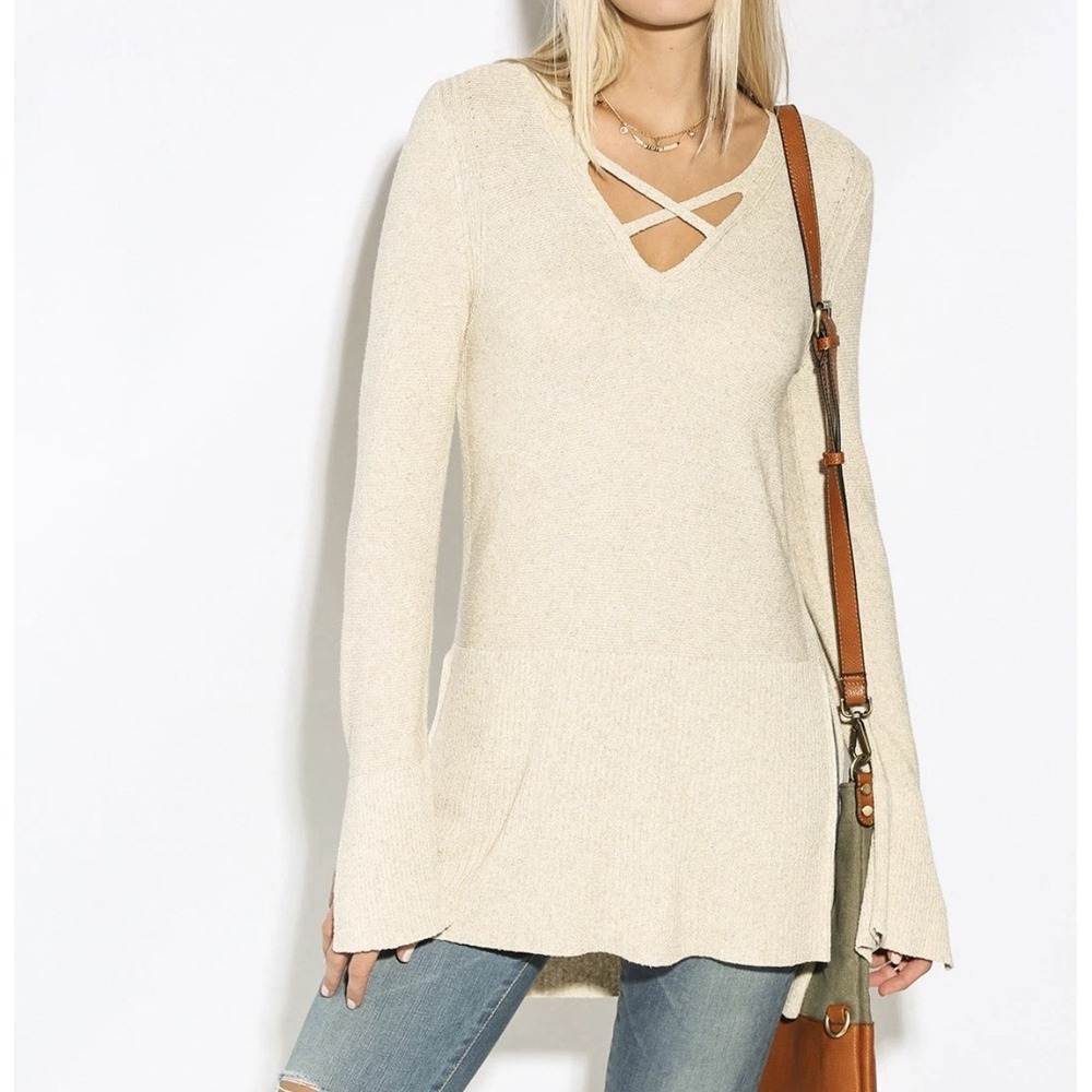 Free People‎ Large Brown Criss Cross Long Sleeve Pullover Sweater Tunic READ